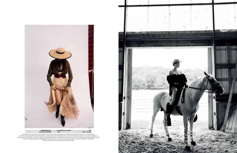 Editorial fashion shot: A model in a large hat and skirt stands in a photo studio and a model on a white horse is in a stable.