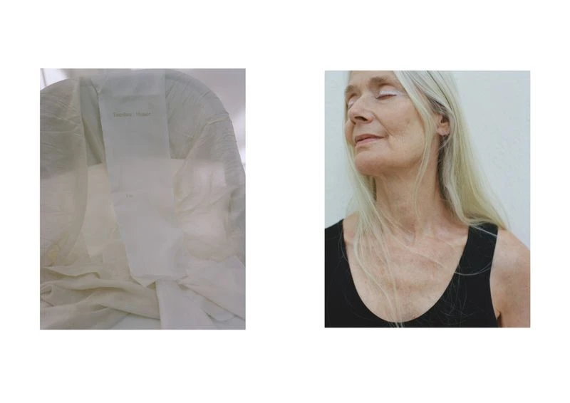 Elegant split-screen featuring an older woman with gray hair and a black tank top, juxtaposed with draped white cloth. 