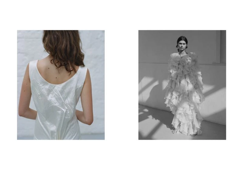 Two images: woman in white dress (back view) and woman in a ruffled gown, striking a pose in a minimalist indoor setting.
