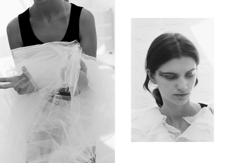Black and white portrait featuring a woman in a black tank top holding tulle fabric, alongside a close-up of her face with minimal makeup.