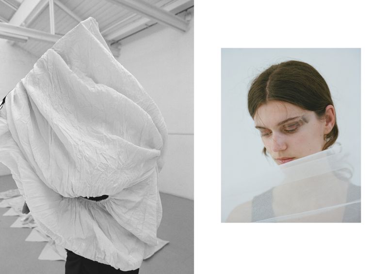 Artistic fashion portrait in black and white and color featuring a woman with dark eye makeup and draped white fabric.