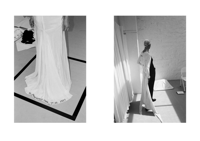 Two black-and-white studio photos showcase a long white dress with a text-covered floor and a woman in a dress with a head covering.