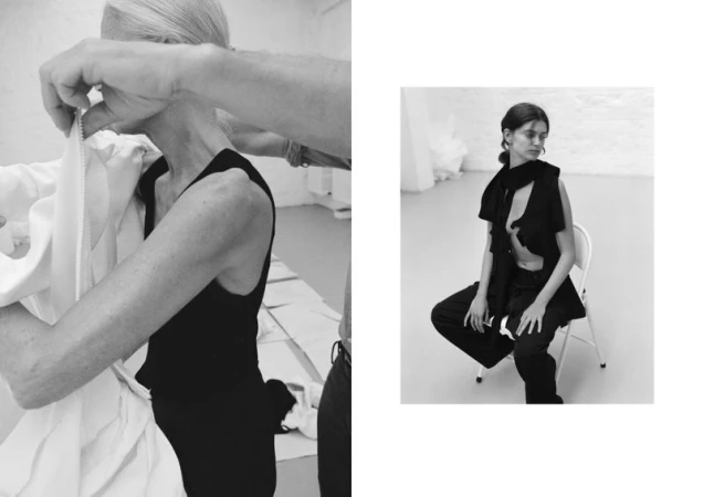 Black and white editorial diptych featuring a dress fitting on the left and a woman seated on a white folding chair on the right.