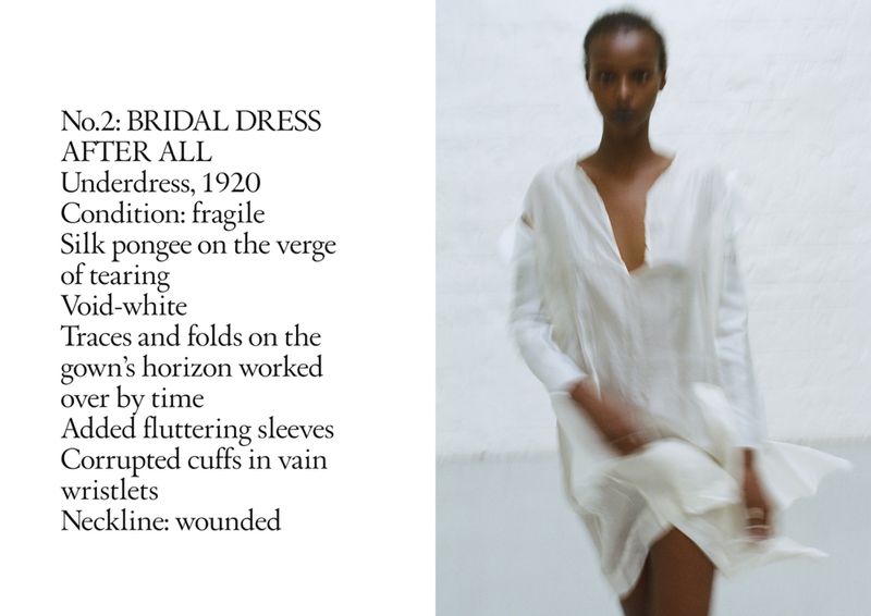 An adult female model poses in a white bridal dress in front of a white background, featured alongside descriptive text.