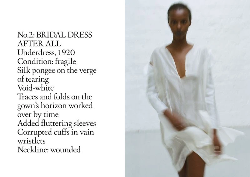 An adult female model poses in a white bridal dress in front of a white background, featured alongside descriptive text.