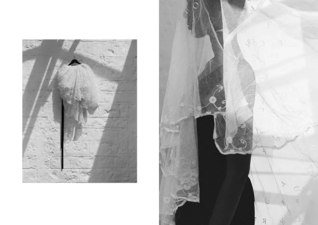Black and white fashion diptych featuring a ruffled lace garment hanging on a stone wall and a model draped in a sheer veil.