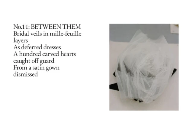 Editorial page layout featuring poetic text beside a photograph of layered white bridal tulle on a white background.