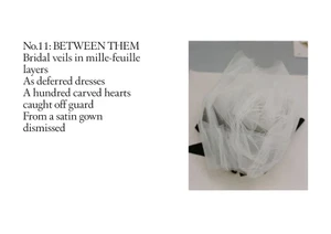 Editorial page layout featuring poetic text beside a photograph of layered white bridal tulle on a white background.