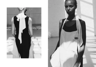 Black and white editorial diptych featuring a model in a black dress with white sash and apron style garment shot by Senta Simond