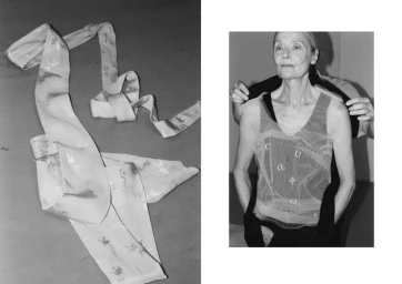 Diptych featuring a long patterned fabric sash on the left and an older woman wearing a sheer tank top being dressed on the right