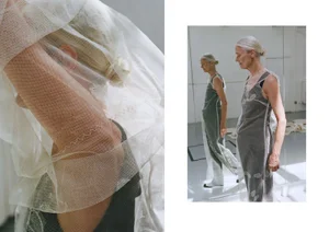 Model Axelle Doue in a sheer white tulle overlay dress and grey undergarments shown in a diptych portrait for Study Magazine.