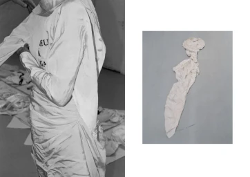 Monochrome diptych showing a model in a white draped dress on the left and a tied white fabric piece on the right.