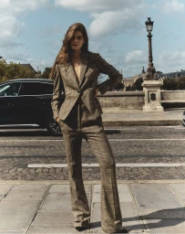Model wearing a brown plaid pantsuit standing on a cobblestone street near a vintage lamppost and parked car