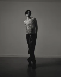 Monochrome portrait of a tattooed man posing against a plain wall for an Office Magazine editorial by Leanda Heler