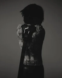 Monochrome portrait of a person seen from behind with intricate back tattoos, wearing a black utility harness with a metal buckle.