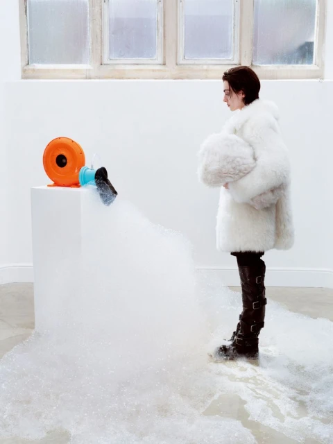 Woman in a white fur coat stands next to an orange fan on a pedestal blowing bubbles, creating a surreal, dreamy indoor scene.