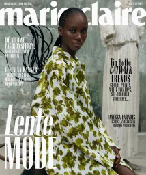Model Deborah Akanni wearing a green and white patterned coat for Marie Claire Netherlands Feb 2025
