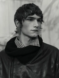Portrait of a male model wearing a dark leather jacket and plaid shirt with an ornate chained ear cuff