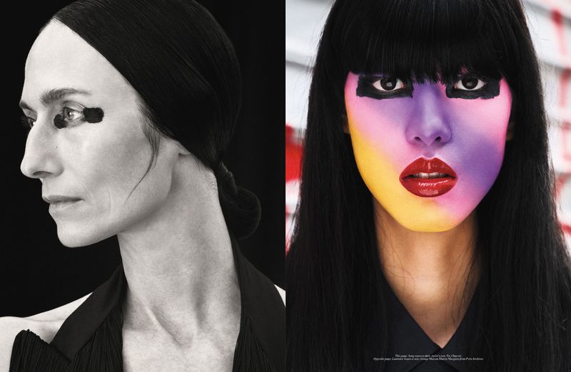 Split portrait showcases a woman with dramatic black and white makeup and hair against a dark backdrop and another with colorful face paint.