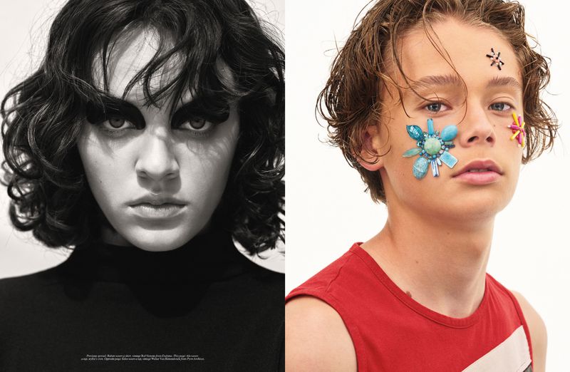 Two young individuals in a split portrait; one side in black and white with dark makeup, the other in color with face gems.
