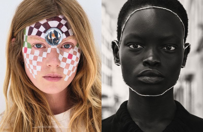 Two women with creative makeup pose in a studio portrait. One has checkered face paint, while the other has silver wire framing her face.