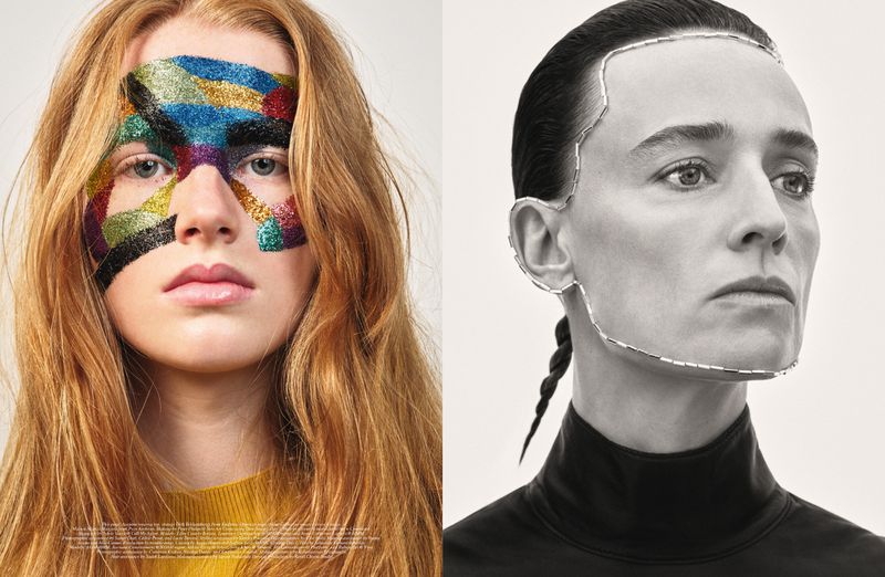 Split screen portrait of two women, one with glitter makeup and long hair, the other with a beaded outline and short hair.