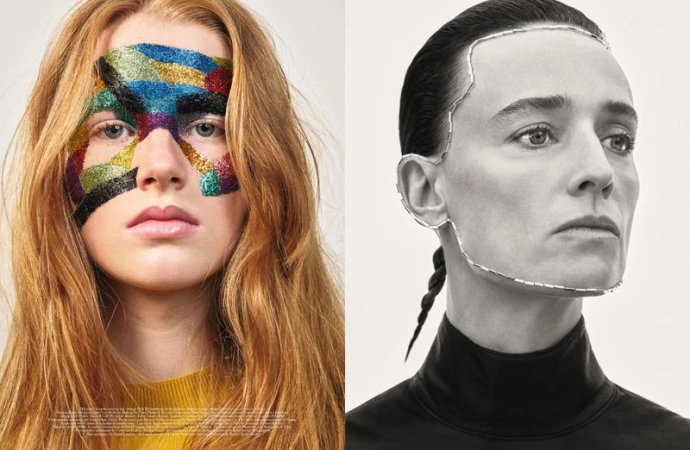 Diptych beauty portrait showing colorful glitter eye makeup on the left and a silver facial contour wire in black and white on the right.