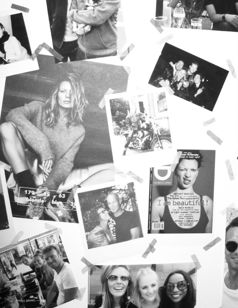 A collage of black-and-white photos taped to a white wall includes portraits and groups of people, creating a textured, visual display.