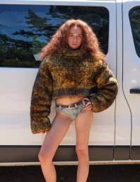 Model with long curly red hair wearing a fuzzy sweater and denim underwear leaning against a white vehicle
