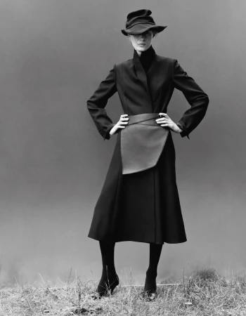 Model wearing a black structured coat, wrap skirt, and draped hat against a grey backdrop.