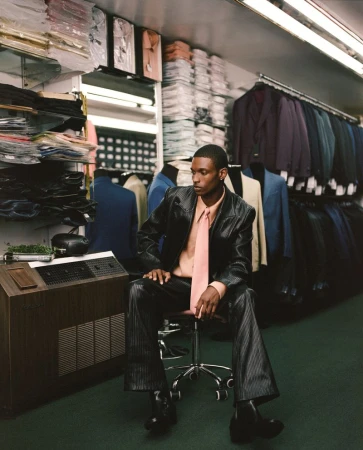 An African-American man in a suit sits in a tailor shop, surrounded by suits and shirts on shelves and racks, with bright overhead lighting.