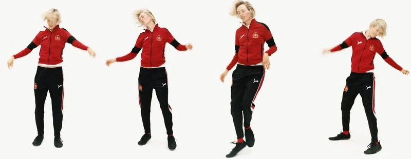 Four images of a blonde adult female in a red tracksuit, in motion against a white backdrop, capturing diverse angles and movement.