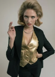 Blonde model wearing a metallic gold waistcoat and black blazer posing against a light grey studio backdrop in a fashion editorial.