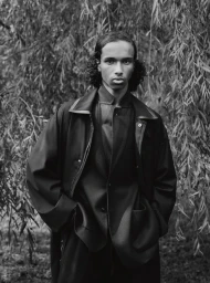 Portrait of a man wearing a dark coat posing outdoors against weeping willow branches in AnOther Man Magazine.