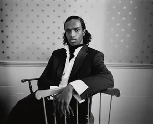 Sabir Abdikadir in a tailored black suit jacket and wide-cuff shirt seated on a wooden chair against star-patterned wallpaper.