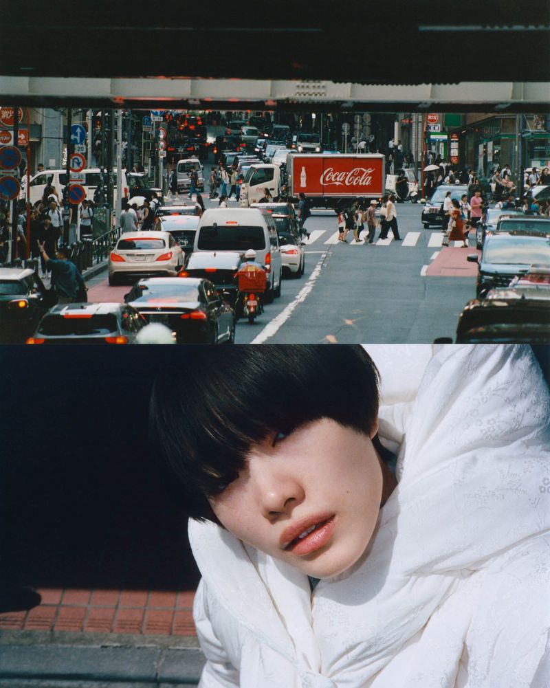 Split-screen portrait of Asian woman in white coat over urban traffic scene with Coca-Cola truck in Tokyo, Japan on a sunny day.