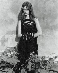 Model in black textured dress leaning against a weathered stone wall behind lush foliage in a black and white editorial portrait