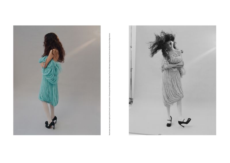 Two images: a model with long brown hair wearing a flowing turquoise dress with black heels in a neutral photo studio setting.