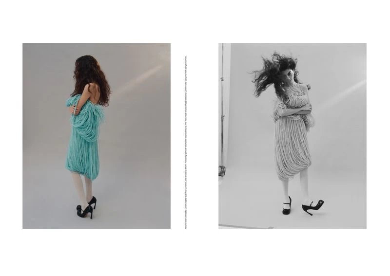 Two images: a model with long brown hair wearing a flowing turquoise dress with black heels in a neutral photo studio setting.