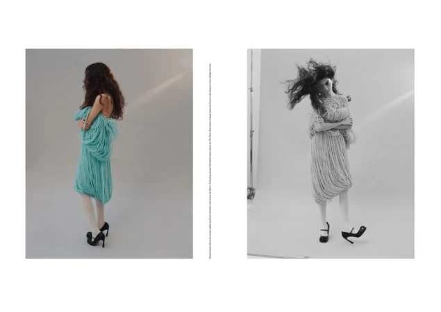 Two images: a model with long brown hair wearing a flowing turquoise dress with black heels in a neutral photo studio setting.