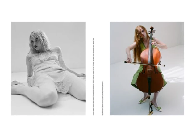 Black and white and color studio images show two women, one in lingerie and one playing cello in a light-filled photo studio.