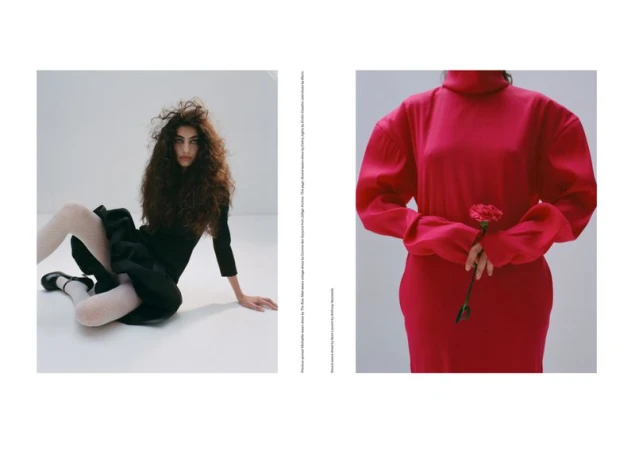 Fashion editorial: Brunette model in black dress and shoes poses on white floor; Woman in pink dress holds red flower in a photo studio.