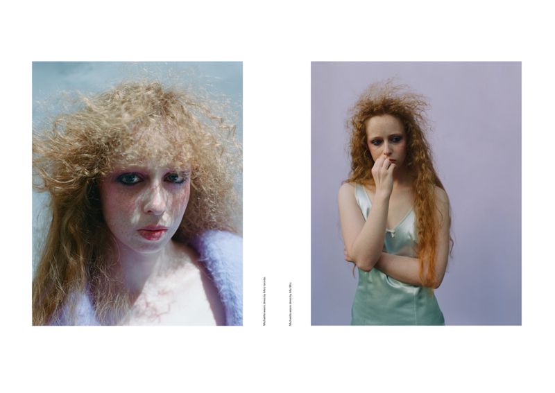 Double portrait features a pale, fair-skinned redhead with frizzy hair against cool backgrounds, wearing a light-colored top and soft makeup.