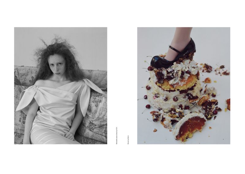 Split image: a woman with auburn hair wearing off-shoulder dress and a high heel shoe crushing a cake with cherries.