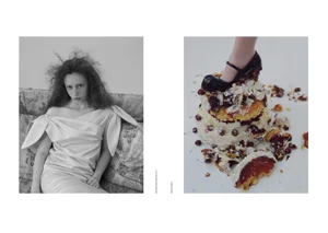 Diptych fashion editorial featuring a model in an off-shoulder dress and a shoe stepping onto a ruined layered cake