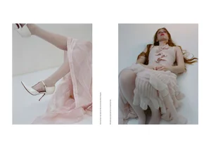 Diptych editorial spread of a woman lying down in a pale pink tiered ruffle dress paired with white pointed-toe ankle-strap heels.