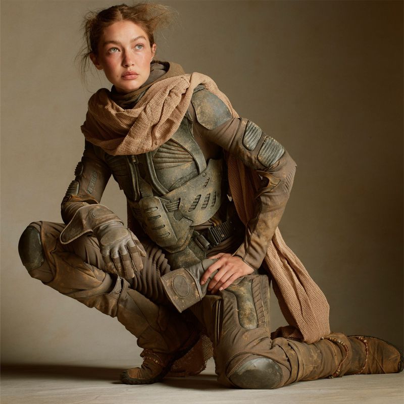 Gigi Hadid in costume poses in a crouched position against a neutral background, showcasing detailed costume textures and design.