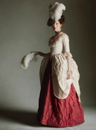 Model Julia Nobis poses in an 18th-century style cream and burgundy gown with a feather headpiece against a grey studio backdrop.