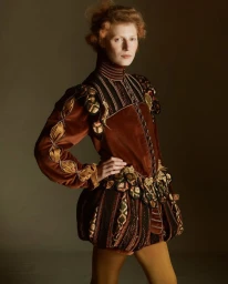 Model wearing a historical-style velvet doublet and puffed breeches standing against a dark neutral studio background