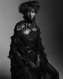 Black and white fashion portrait of a model wearing structured leather straps and textured dark garments against a grey background